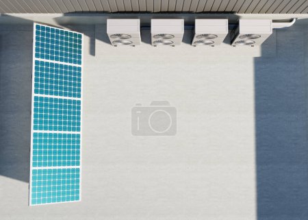Foto de 3d rendering of photovoltaic cell on solar panel, condenser unit or compressor on rooftop. Eco building with system technology for future. To generate electrical power or direct current electricity. - Imagen libre de derechos