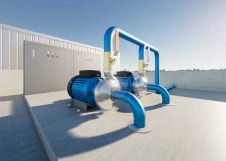 Foto de 3d rendering of water pump station on rooftop of water tank. Include centrifugal pump, electric motor, pipeline, valve and electrical control box. Machine in industrial work for distribution water. - Imagen libre de derechos