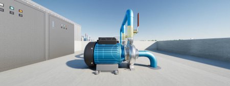 Téléchargez les photos : 3d rendering of water pump station on rooftop of water tank. Include centrifugal pump, electric motor, pipeline, valve and electrical control box. Machine in industrial work for distribution water. - en image libre de droit