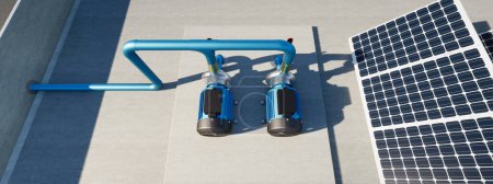 Téléchargez les photos : 3d rendering of water pump station on rooftop of water tank. Include centrifugal pump, electric motor, pipeline, valve and electrical control box. Machine in industrial work for distribution water. - en image libre de droit