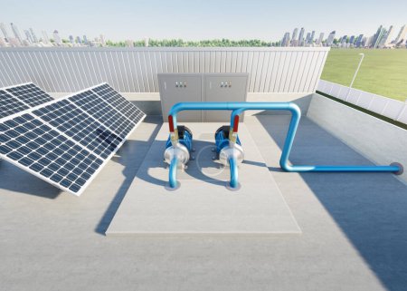 Foto de 3d rendering of water pump station on rooftop factory. Include centrifugal pump, electric motor, pipeline, valve, solar panel and control box. Machine in industrial work for distribution, supply water - Imagen libre de derechos