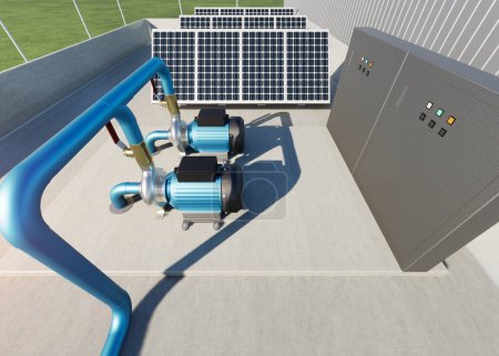 Foto de 3d rendering of water pump station on rooftop factory. Include centrifugal pump, electric motor, pipeline, valve, solar panel and control box. Machine in industrial work for distribution, supply water - Imagen libre de derechos