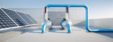 Téléchargez les photos : 3d rendering of water pump station on rooftop factory. Include centrifugal pump, electric motor, pipeline, valve, solar panel and control box. Machine in industrial work for distribution, supply water - en image libre de droit