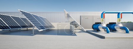Téléchargez les photos : 3d rendering of water pump station on rooftop factory. Include centrifugal pump, electric motor, pipeline, valve, solar panel and control box. Machine in industrial work for distribution, supply water - en image libre de droit