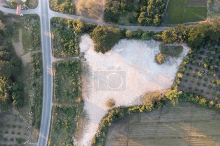 Foto de Land, field and soil backfill in aerial view. Include landscape, empty or vacant area. Real estate or property for plot, subdivision, development, construction, sale or buy in Chiang Mai of Thailand. - Imagen libre de derechos