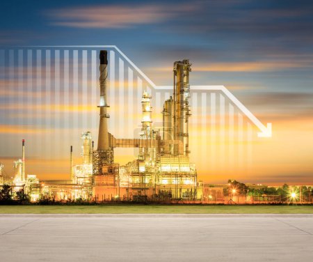 Photo for Oil gas refinery or petrochemical plant. Include arrow, graph or bar chart. Decrease trend or low of production, market price, demand, supply. Concept of business, industry, fuel, power energy. - Royalty Free Image