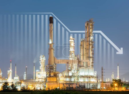 Photo for Oil gas refinery or petrochemical plant. Include arrow, graph or bar chart. Decrease trend or low of production, market price, demand, supply. Concept of business, industry, fuel, power energy. - Royalty Free Image