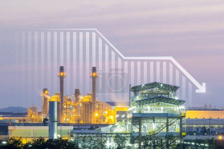 Photo for Power plant, gas fired power station. Include decreasing chart, graph. Industrial factory may called combined cycle gas turbine plant. Concept for low, loss, drop in electricity energy generation. - Royalty Free Image