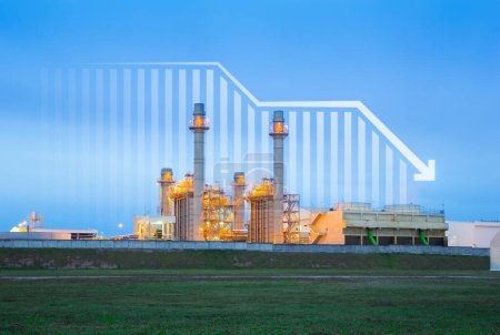 Foto de Power plant, gas fired power station. Include decreasing chart, graph. Industrial factory may called combined cycle gas turbine plant. Concept for low, loss, drop in electricity energy generation. - Imagen libre de derechos