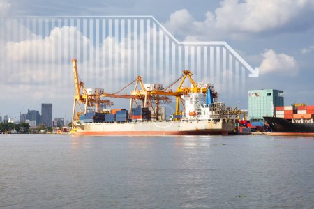 Photo for Cargo ship, cargo container work with crane at dock, port or harbour. Freight transport with drop arrow, decrease graph or bar chart. Concept of business, import export, market, trade, demand, supply - Royalty Free Image