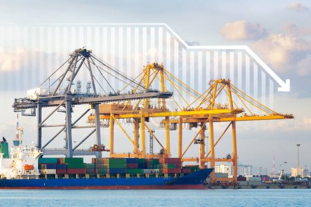 Photo for Cargo ship, cargo container work with crane at dock, port or harbour. Freight transport with drop arrow, decrease graph or bar chart. Concept of business, import export, market, trade, demand, supply - Royalty Free Image