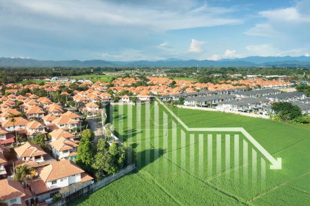 Photo for Land, landscape or green field in aerial view. Include house building, bar chart or graph, drop down arrow. Real estate or property with concept for sale price, land value to decrease, reduction, low. - Royalty Free Image