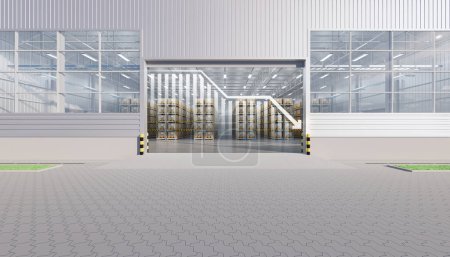 Photo for 3d rendering of warehouse or distribution center with decrease graph. Storage and shipping system with box package on shelf, paver block brick floor at outdoor. Concept for reduce, lower, down or loss - Royalty Free Image