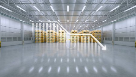 Photo for 3d rendering of warehouse or distribution center with decrease graph. Storage and shipping system with box package on shelf and concrete floor. Concept for reduce, low of productivity, demand, supply. - Royalty Free Image
