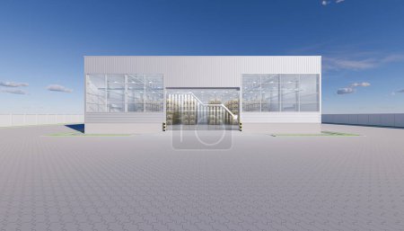 Photo for 3d rendering of warehouse or distribution center with decrease graph. Storage and shipping system with box package on shelf, paver block brick floor at outdoor. Concept for reduce, lower, down or loss - Royalty Free Image