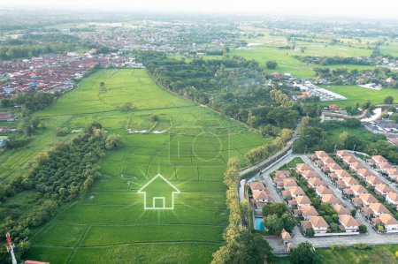 Photo for Land or landscape of green field in aerial view. Include agriculture farm, icon of home, house or residential building. Real estate or property for dream concept to build, construction, sale and buy. - Royalty Free Image
