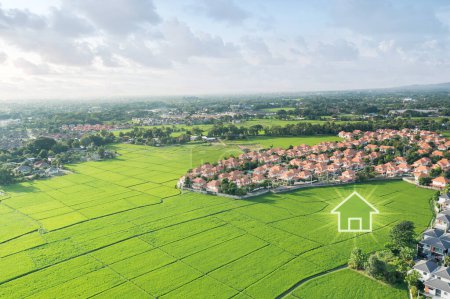 Land or landscape of green field in aerial view. Include agriculture farm, icon of home, house or residential building. Real estate or property for dream concept to build, construction, sale and buy.