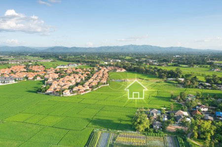 Land or landscape of green field in aerial view. Include agriculture farm, icon of home, house or residential building. Real estate or property for dream concept to build, construction, sale and buy.