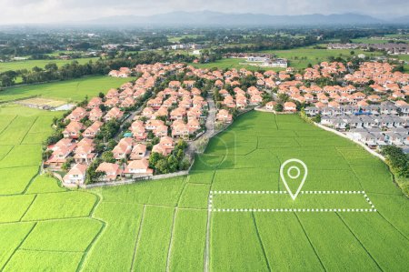 Land plot in aerial view. Identify registration symbol of vacant area for map. Real estate or property for business of home, house or residential i.e. construction, development, sale, buy, investment.