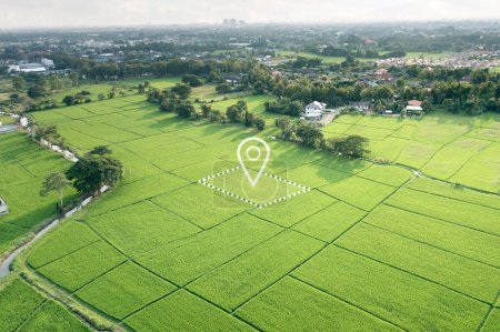 Photo for Land plot in aerial view. Identify registration symbol of vacant area for map. Real estate or property for business of home, house or residential i.e. construction, development, sale, buy, investment. - Royalty Free Image