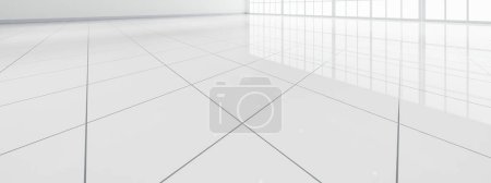 3D-Darstellung des weißen Fliesenbodens in Nahaufnahme in perspektivischer Ansicht, leerer Raum im Raum, Fenster und Licht. Modernes Interior Home Design sieht sauber aus, helle, glänzende Oberfläche mit Texturmuster für Hintergrund.