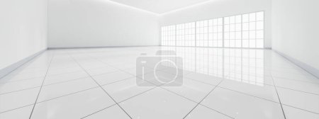 3D-Darstellung weißer Leerräume im Raum, Keramikfliesenboden perspektivisch, Fenster- und Deckenstreifenlicht. Interior Home Design sieht sauber, hell, glänzende Oberfläche mit Texturmuster für den Hintergrund
