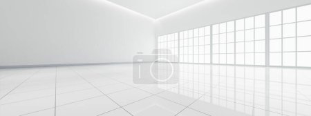 Foto de 3d representación de espacio vacío blanco en la habitación, piso de baldosas de cerámica en perspectiva, ventana y techo tira de luz. El diseño interior del hogar se ve limpio, brillante, superficie brillante con patrón de textura para el fondo - Imagen libre de derechos