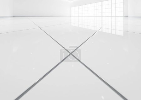 3d rendering of close up white tile floor in perspective view, empty space in room, window and light. Modern interior home design look clean, bright, shiny surface with texture pattern for background.