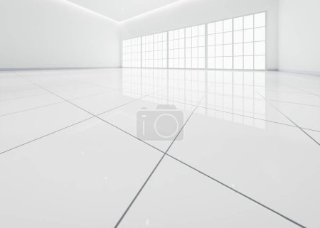Photo for 3d rendering of close up white tile floor in perspective view, empty space in room, window and light. Modern interior home design look clean, bright, shiny surface with texture pattern for background. - Royalty Free Image