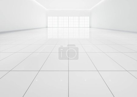 3D-Darstellung weißer Leerräume im Raum, Keramikfliesenboden perspektivisch, Fenster- und Deckenstreifenlicht. Interior Home Design sieht sauber, hell, glänzende Oberfläche mit Texturmuster für den Hintergrund