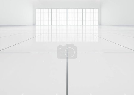 3D-Darstellung des weißen Fliesenbodens in Nahaufnahme in perspektivischer Ansicht, leerer Raum im Raum, Fenster und Licht. Modernes Interior Home Design sieht sauber aus, helle, glänzende Oberfläche mit Texturmuster für Hintergrund.