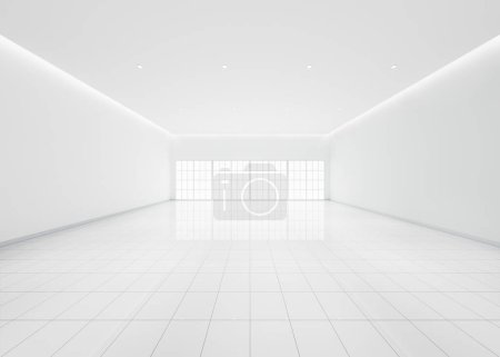 Foto de 3d representación de espacio vacío blanco en la habitación, piso de baldosas de cerámica en perspectiva, ventana y techo tira de luz. El diseño interior del hogar se ve limpio, brillante, superficie brillante con patrón de textura para el fondo - Imagen libre de derechos
