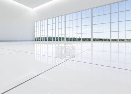 3d rendu de carrelage blanc en gros plan vue en perspective, espace vide dans la pièce, fenêtre et lumière. Design d'intérieur moderne look propre, lumineux, surface brillante avec motif de texture pour l'arrière-plan.