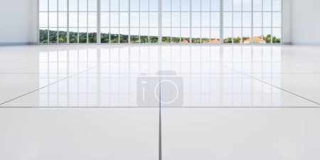 3d representación de primer plano piso de baldosas blancas en perspectiva vista, espacio vacío en la habitación, ventana y luz. El diseño interior moderno del hogar se ve limpio, brillante, superficie brillante con patrón de textura para el fondo.