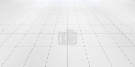 Téléchargez les photos : Sol en carrelage blanc avec ligne de grille de motif de texture carrée en perspective. Nettoyer brillant de surface en céramique. Design intérieur moderne pour salle de bain, cuisine et buanderie. Espace vide pour arrière-plan - en image libre de droit