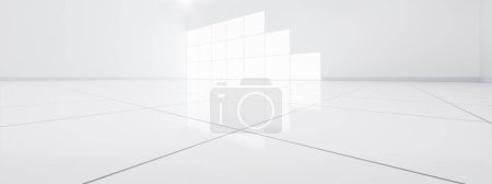 3d representación de primer plano piso de baldosas blancas en perspectiva vista, espacio vacío en la habitación, ventana y luz. El diseño interior moderno del hogar se ve limpio, brillante, superficie brillante con patrón de textura para el fondo.