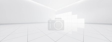 Photo for 3d rendering of close up white tile floor in perspective view, empty space in room, window and light. Modern interior home design look clean, bright, shiny surface with texture pattern for background. - Royalty Free Image