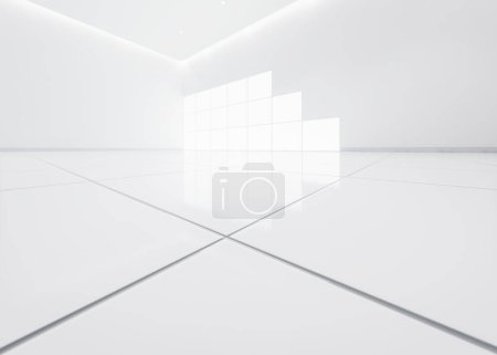 Téléchargez les photos : 3d rendu de carrelage blanc en gros plan vue en perspective, espace vide dans la pièce, fenêtre et lumière. Design d'intérieur moderne look propre, lumineux, surface brillante avec motif de texture pour l'arrière-plan. - en image libre de droit