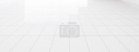 Téléchargez les photos : Rendu 3d de carrelage blanc plancher avec grille ligne de motif de texture carrée en perspective. Surface brillante propre. Design intérieur pour salle de bain, cuisine et buanderie. Espace vide pour arrière-plan. - en image libre de droit