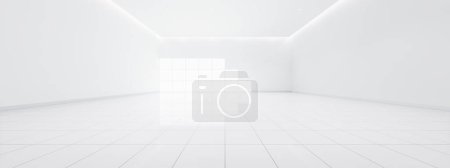 Foto de 3d representación de espacio vacío en la habitación consisten en piso de baldosas blancas en perspectiva, ventana, luz de tira de techo. El diseño interior del hogar se ve limpio, brillante, superficie brillante con patrón de textura para el fondo. - Imagen libre de derechos
