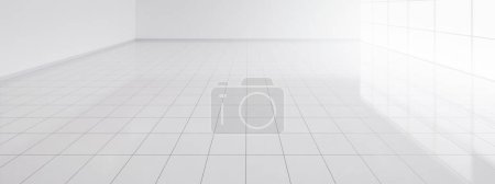 Photo for 3d rendering of white tile floor with grid line of square texture pattern in perspective. Clean shiny surface. Interior home design for bathroom, kitchen and laundry room. Empty space for background. - Royalty Free Image