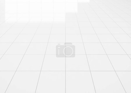 Téléchargez les photos : Rendu 3d de carrelage blanc plancher avec grille ligne de motif de texture carrée en perspective. Surface brillante propre. Design intérieur pour salle de bain, cuisine et buanderie. Espace vide pour arrière-plan. - en image libre de droit