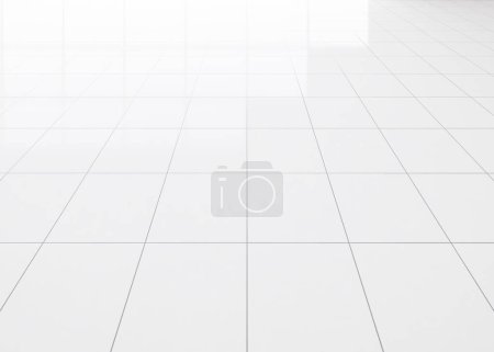 Photo for 3d rendering of white tile floor with grid line of square texture pattern in perspective. Clean shiny surface. Interior home design for bathroom, kitchen and laundry room. Empty space for background. - Royalty Free Image