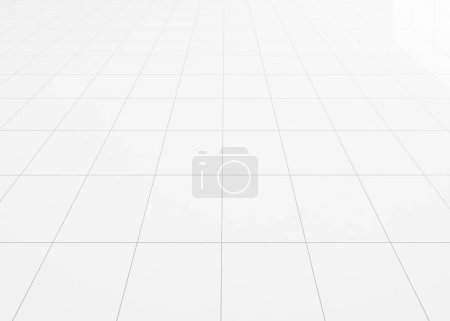Foto de 3d representación de piso de baldosas blancas con la línea de cuadrícula de patrón de textura cuadrada en perspectiva. Limpie la superficie brillante. Diseño interior de la casa para baño, cocina y lavadero. Espacio vacío para el fondo. - Imagen libre de derechos