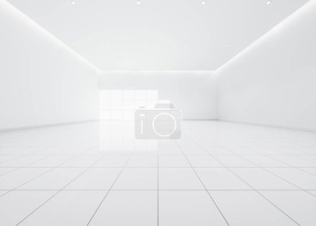3D-Rendering von leeren Raum im Raum bestehen aus weißem Fliesenboden in Perspektive, Fenster, Deckenstreifenlicht. Interior Home Design sieht sauber, hell, glänzende Oberfläche mit Texturmuster für den Hintergrund.