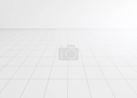 3D-Rendering von weißem Fliesenboden mit Rasterlinie quadratischem Texturmuster in der Perspektive. Saubere, glänzende Oberfläche. Interior Home Design für Bad, Küche und Waschküche. Leerer Raum für Hintergrund.