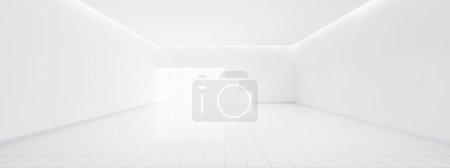 Photo for 3d rendering of empty space in room consist of white tile floor in perspective, window, ceiling strip light. Interior home design look clean, bright, shiny surface with texture pattern for background. - Royalty Free Image