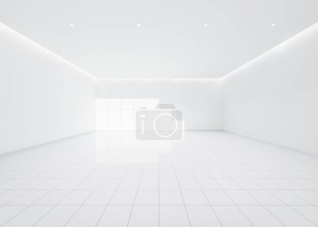 Foto de 3d representación de espacio vacío en la habitación consisten en piso de baldosas blancas en perspectiva, ventana, luz de tira de techo. El diseño interior del hogar se ve limpio, brillante, superficie brillante con patrón de textura para el fondo. - Imagen libre de derechos