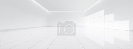 3d rendering of empty space in room consist of white tile floor in perspective, window, ceiling strip light. Interior home design look clean, bright, shiny surface with texture pattern for background.