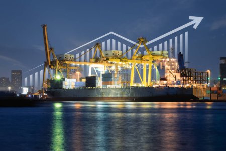 Téléchargez les photos : Cargo ship, cargo container work with crane at dock, port or harbour. Freight transport with up arrow, increase graph or bar chart. Concept for export, growth market, trade, profit, demand and supply. - en image libre de droit